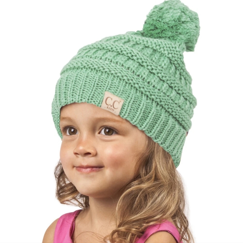 C.C Exclusives Toddler Girls Cable Knit Thick Soft Beanie  Pom Pom Mint Green